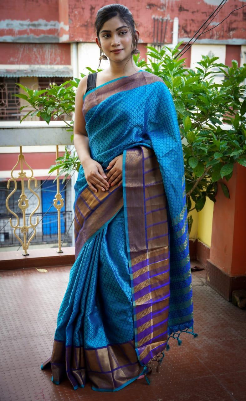 Blue, black& Red Combination Muslin Silk Saree w/ Stitched Blouse, Hip ...